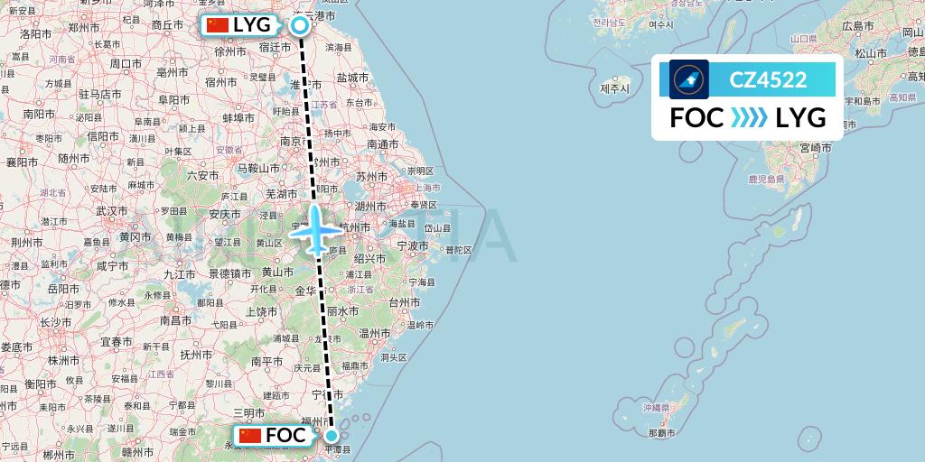 CZ4522 China Southern Airlines Flight Map: Fuzhou to Lianyungang