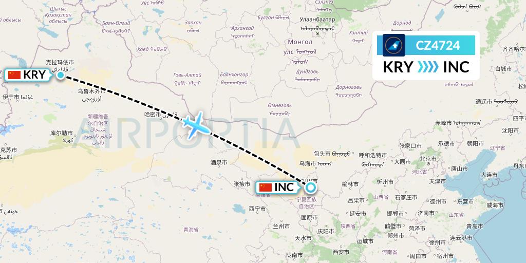 CZ4724 China Southern Airlines Flight Map: Karamay to Yinchuan