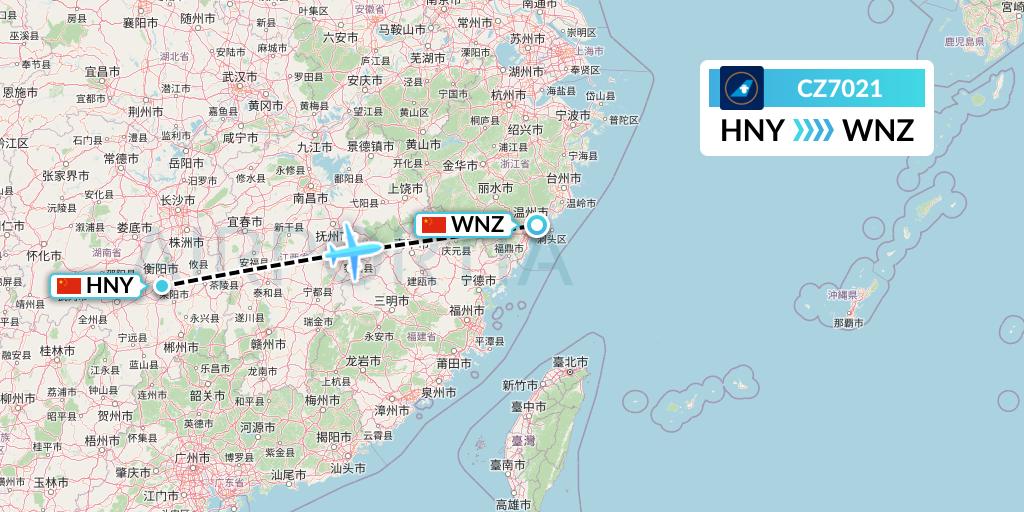 CZ7021 China Southern Airlines Flight Map: Hengyang to Wenzhou