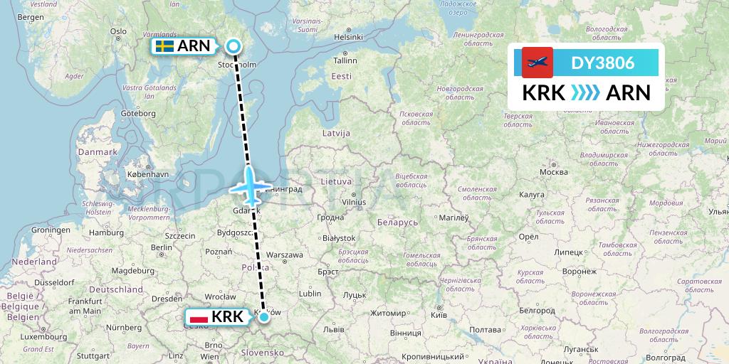 DY3806 Norwegian Flight Map: Krakow to Stockholm