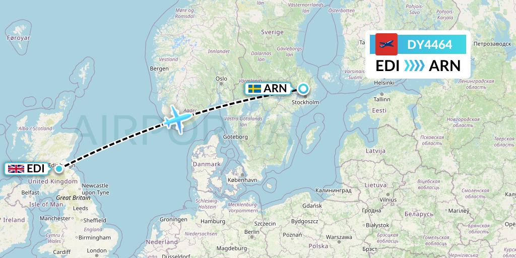 DY4464 Norwegian Flight Map: Edinburgh to Stockholm