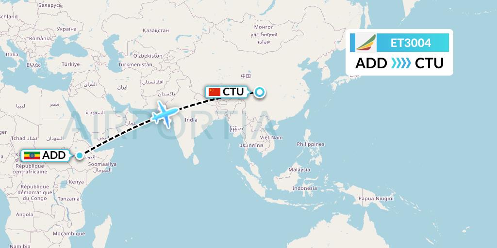 ET3004 Ethiopian Airlines Flight Map: Addis Ababa to Chengdu