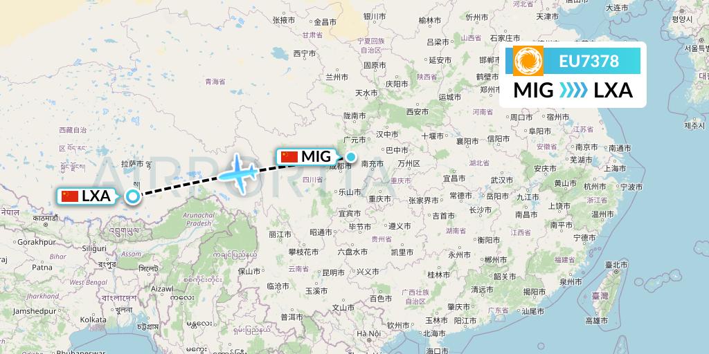 EU7378 Chengdu Airlines Flight Map: Mianyang to Lhasa