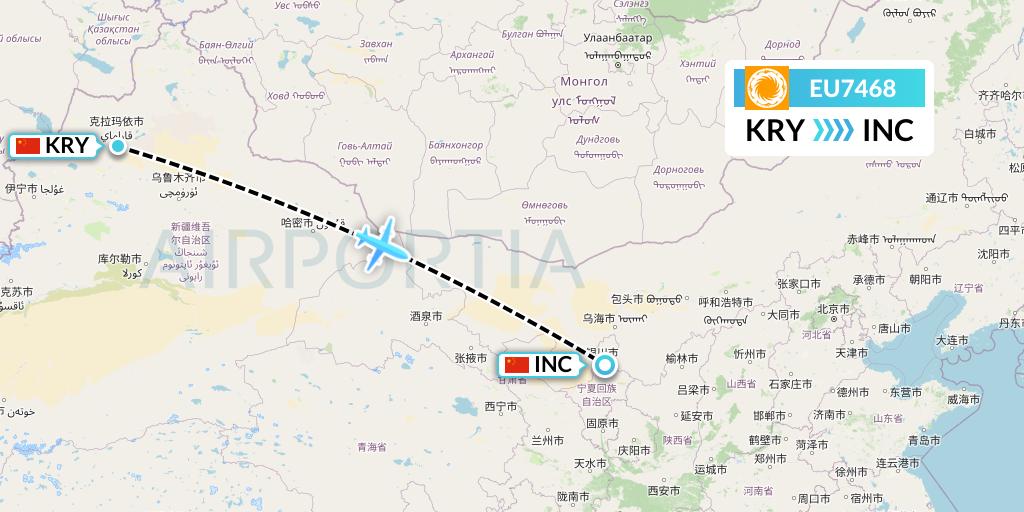 EU7468 Chengdu Airlines Flight Map: Karamay to Yinchuan