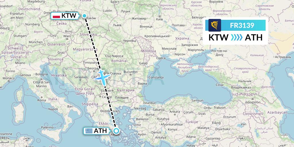 FR3139 Ryanair Flight Map: Katowice to Athens
