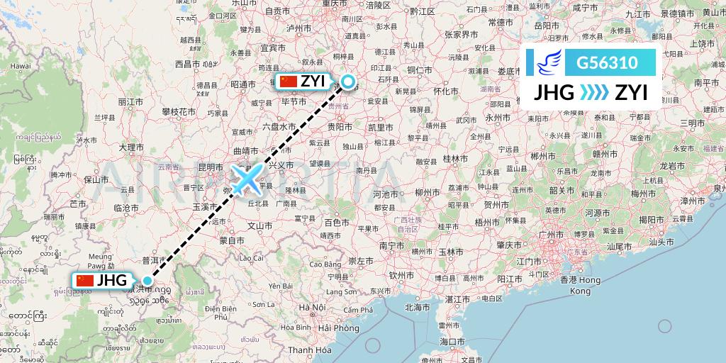 G56310 China Express Airlines Flight Map: Jinghong to Zunyi