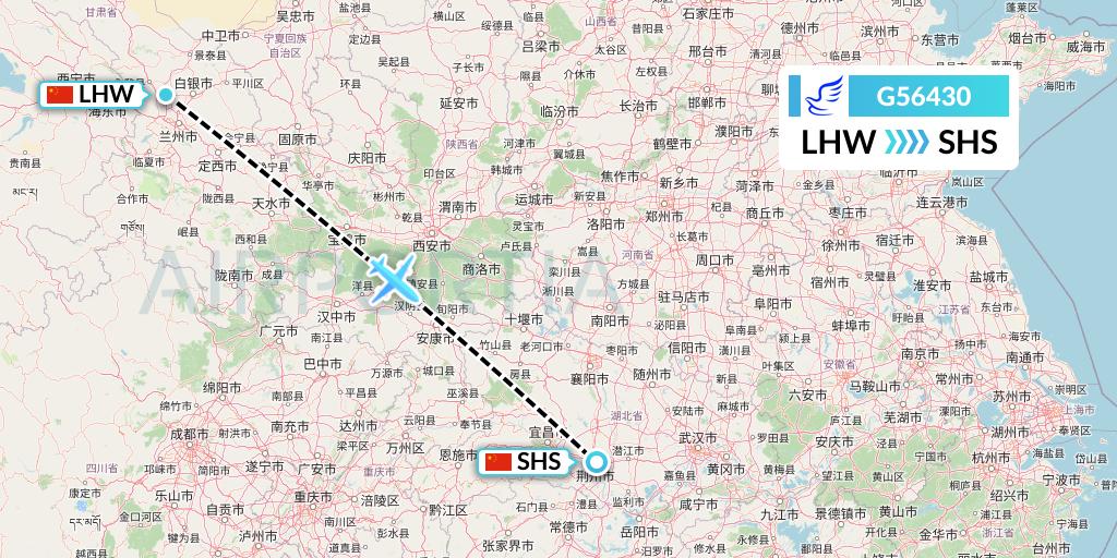 G56430 China Express Airlines Flight Map: Lanzhou to Shashi