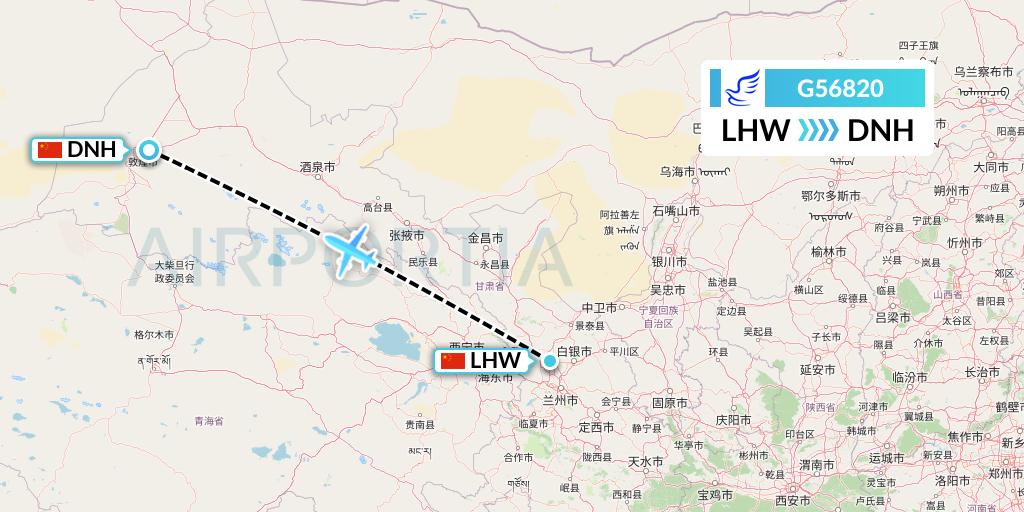 G56820 China Express Airlines Flight Map: Lanzhou to Dunhuang