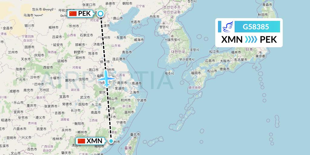 G58385 China Express Airlines Flight Map: Xiamen to Beijing
