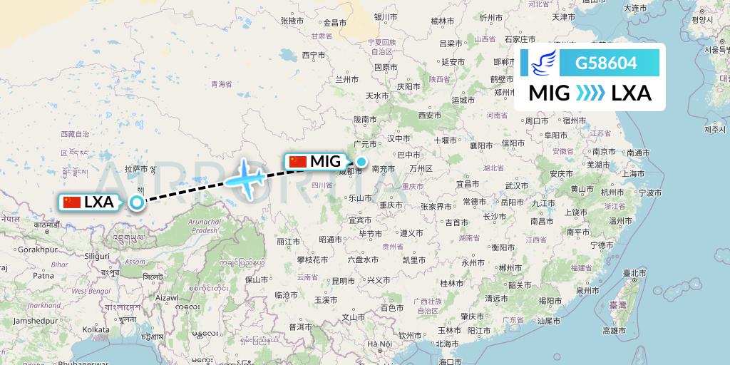 G58604 China Express Airlines Flight Map: Mianyang to Lhasa