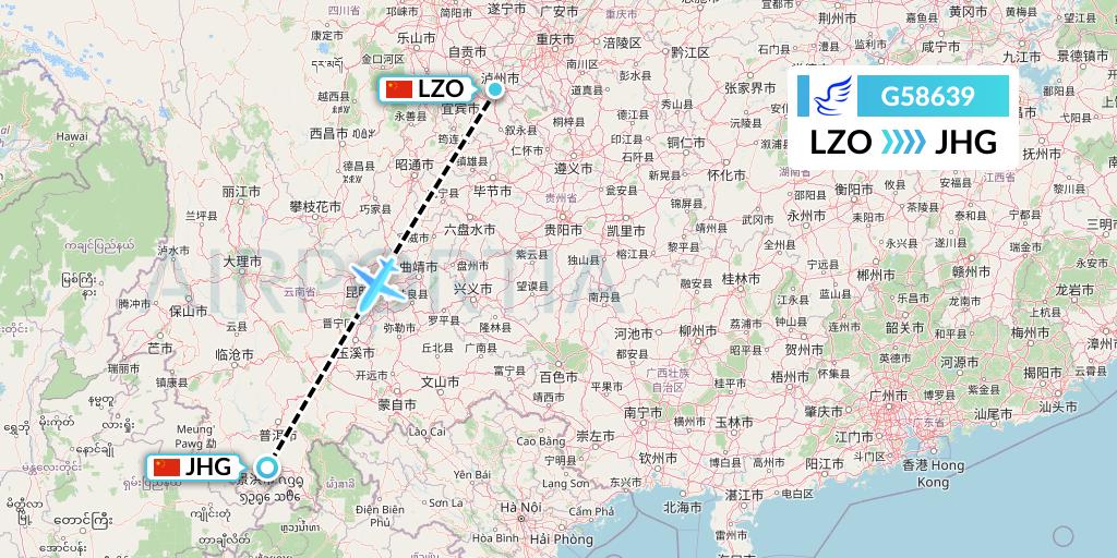 G58639 China Express Airlines Flight Map: Luzhou to Jinghong