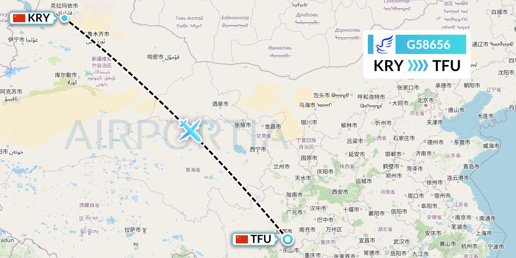 G58656 China Express Airlines Flight Map: Karamay to Chengdu
