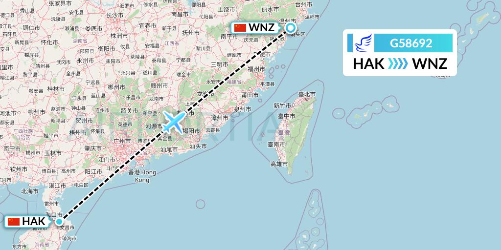 G58692 China Express Airlines Flight Map: Haikou to Wenzhou