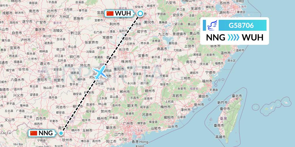 G58706 China Express Airlines Flight Map: Nanning to Wuhan