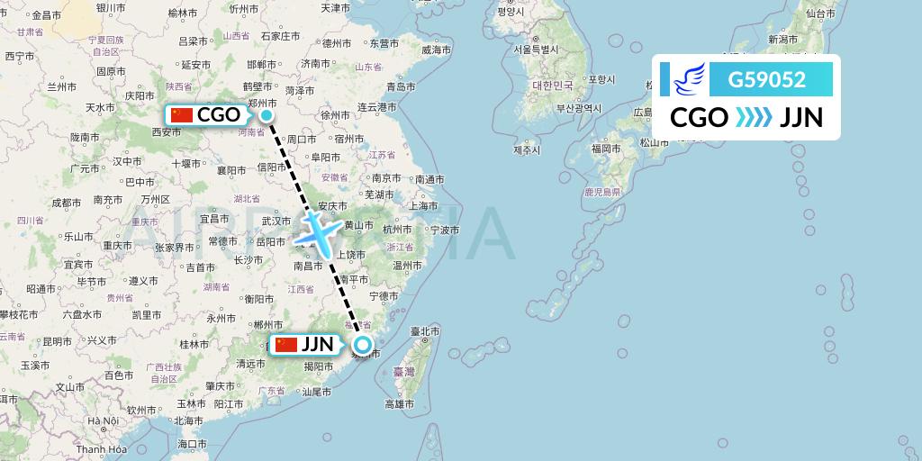 G59052 China Express Airlines Flight Map: Zhengzhou to Jinjiang