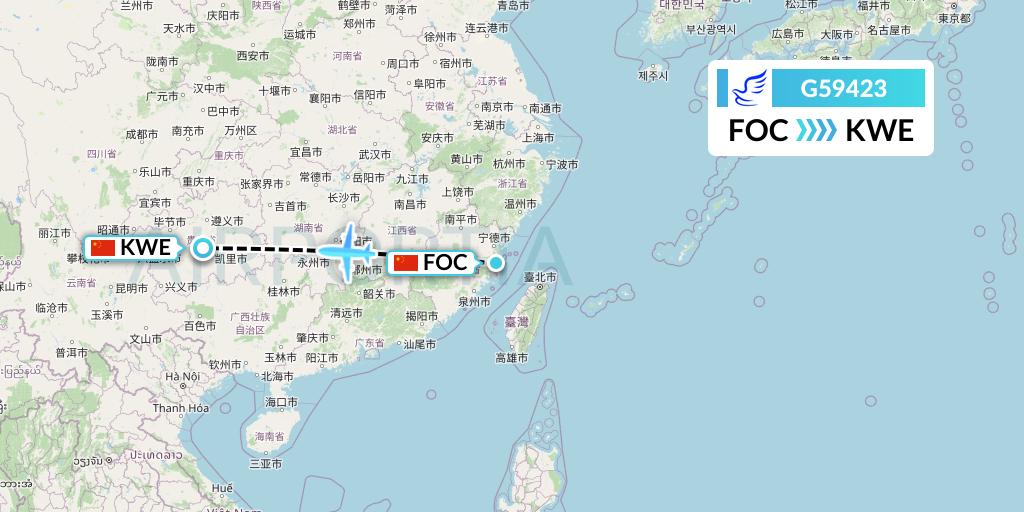 G59423 China Express Airlines Flight Map: Fuzhou to Guiyang