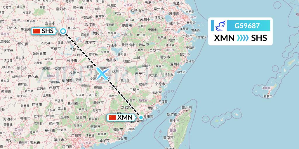 G59687 China Express Airlines Flight Map: Xiamen to Shashi