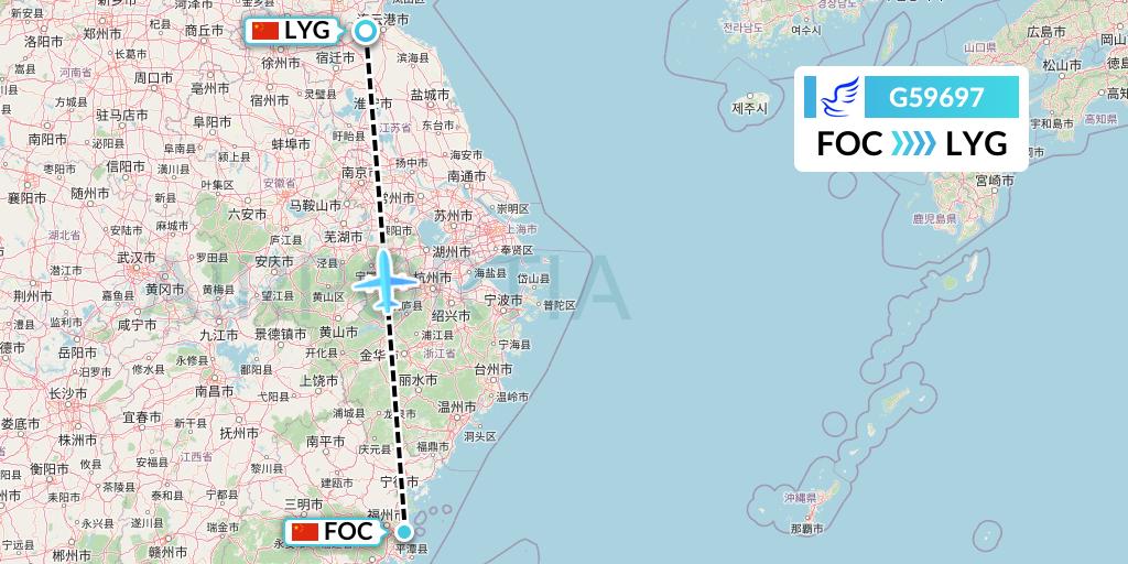 G59697 China Express Airlines Flight Map: Fuzhou to Lianyungang