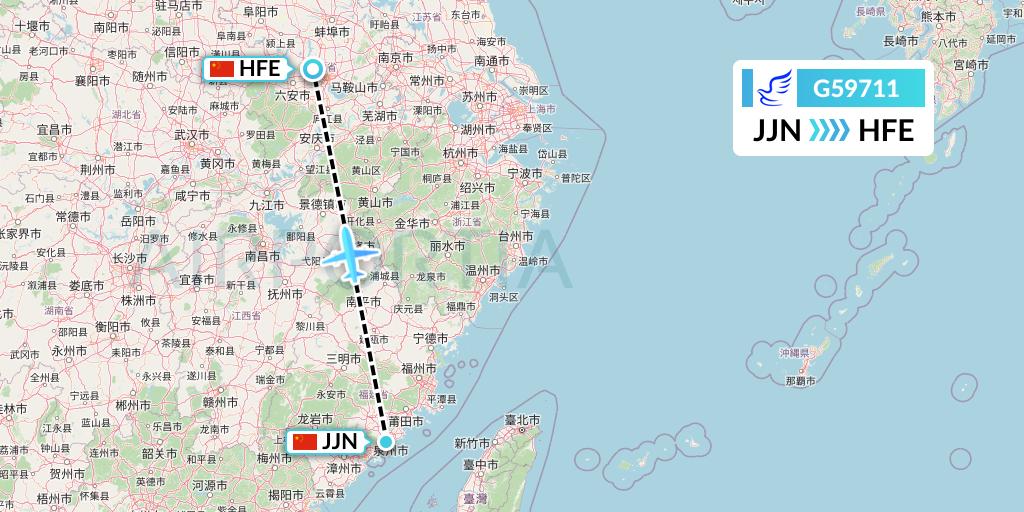 G59711 China Express Airlines Flight Map: Jinjiang to Hefei