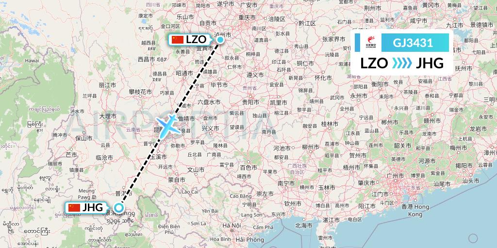 GJ3431 Loong Airlines Flight Map: Luzhou to Jinghong