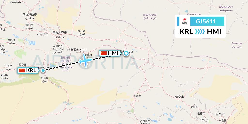GJ5611 Loong Airlines Flight Map: Korla to Hami City