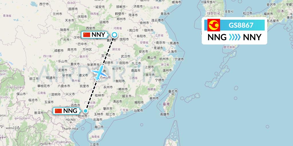 GS8867 Tianjin Airlines Flight Map: Nanning to Nanyang