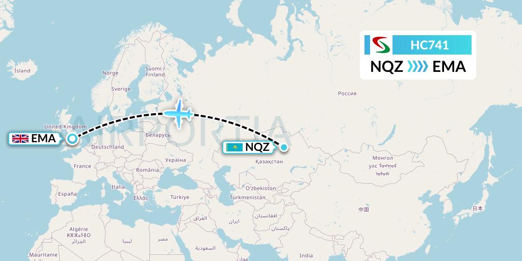 HC741 Air Senegal Flight Map: Astana to East Midlands