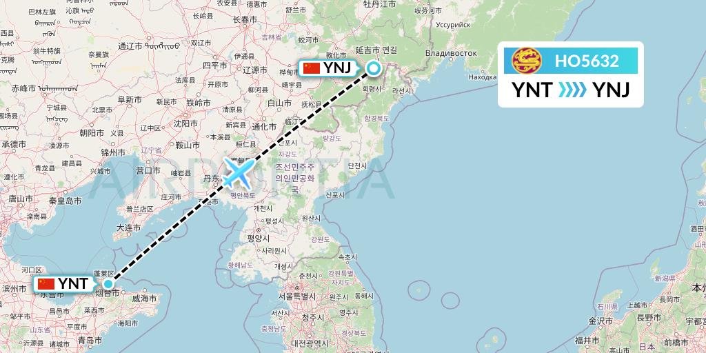 HO5632 Juneyao Airlines Flight Map: Yantai to Yanji
