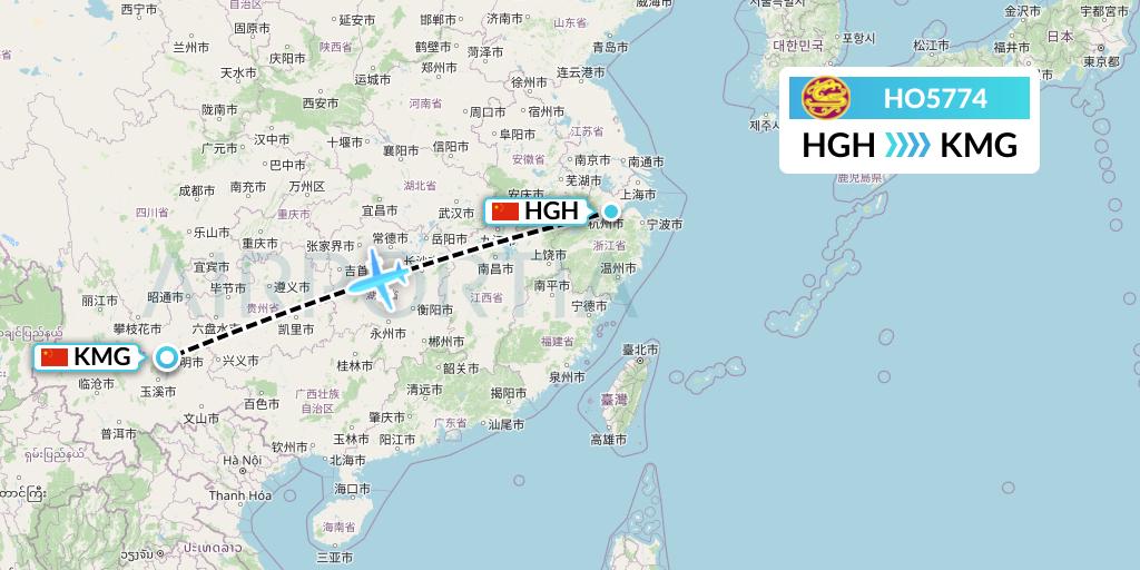 HO5774 Juneyao Airlines Flight Map: Hangzhou to Kunming