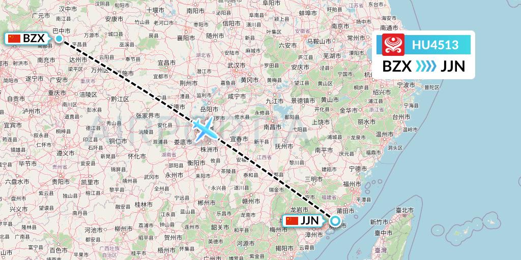 HU4513 Hainan Airlines Flight Map: Guangyuan to Jinjiang
