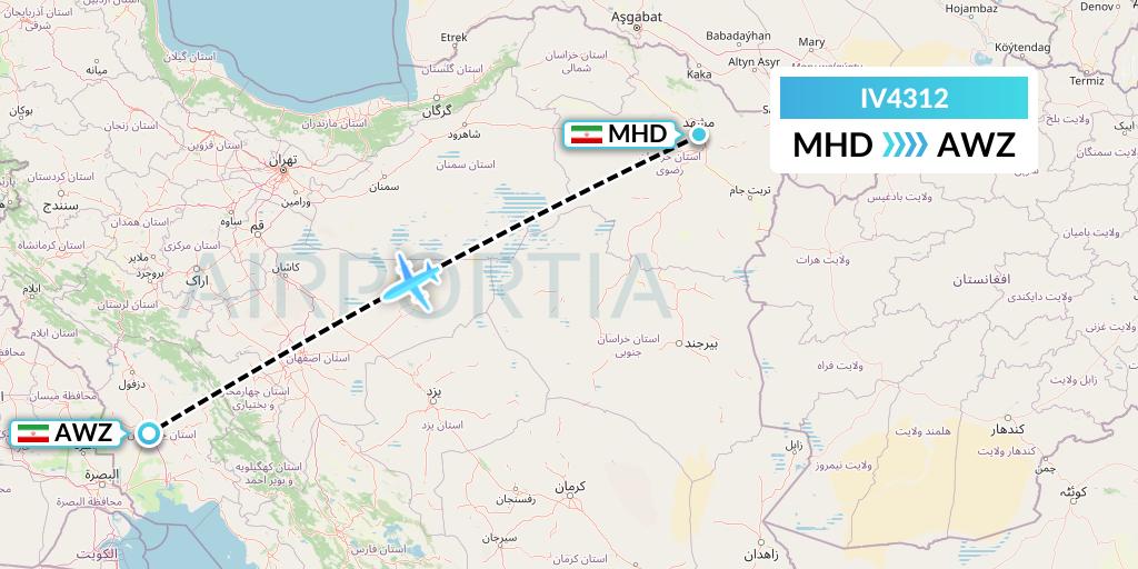IV4312 VVB Aviation Malta Flight Map: Mashhad to Ahvaz