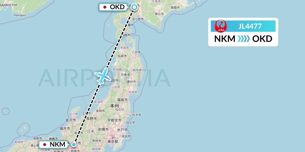 JL4477 Japan Airlines Flight Map: Nagoya to Sapporo