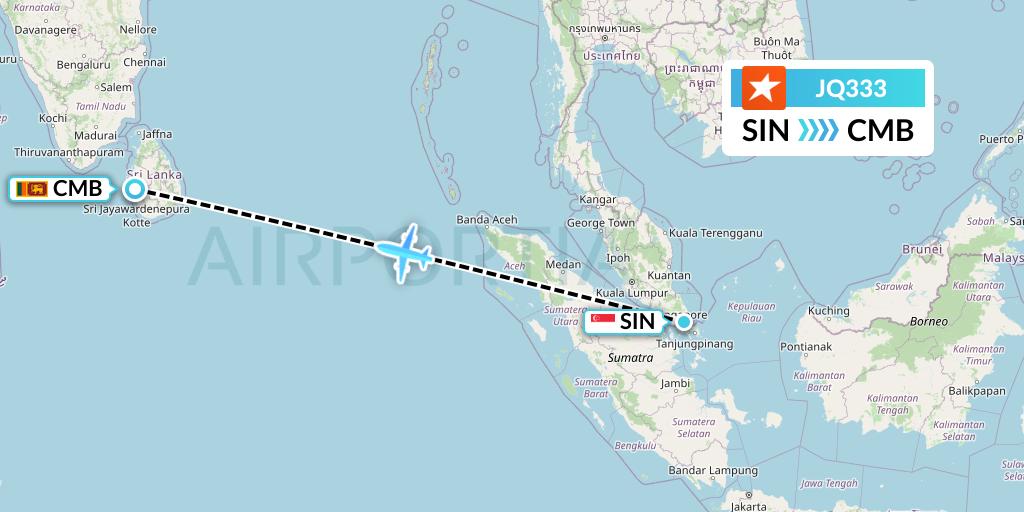 JQ333 Jetstar Airways Flight Map: Singapore to Colombo