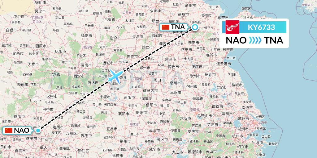 KY6733 Kunming Airlines Flight Map: Nanchong to Jinan