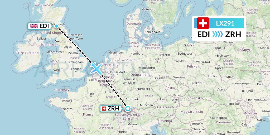 LX291 Swiss Flight Map: Edinburgh to Zurich