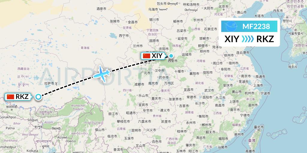 MF2238 Xiamen Airlines Flight Map: Xi'an to Shigatse