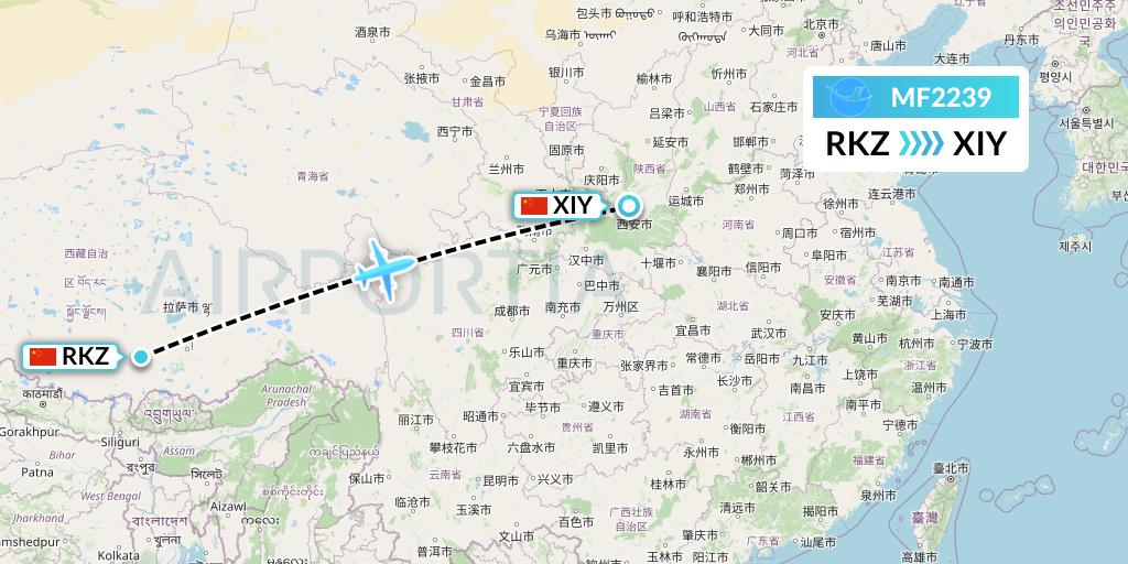 MF2239 Xiamen Airlines Flight Map: Shigatse to Xi'an