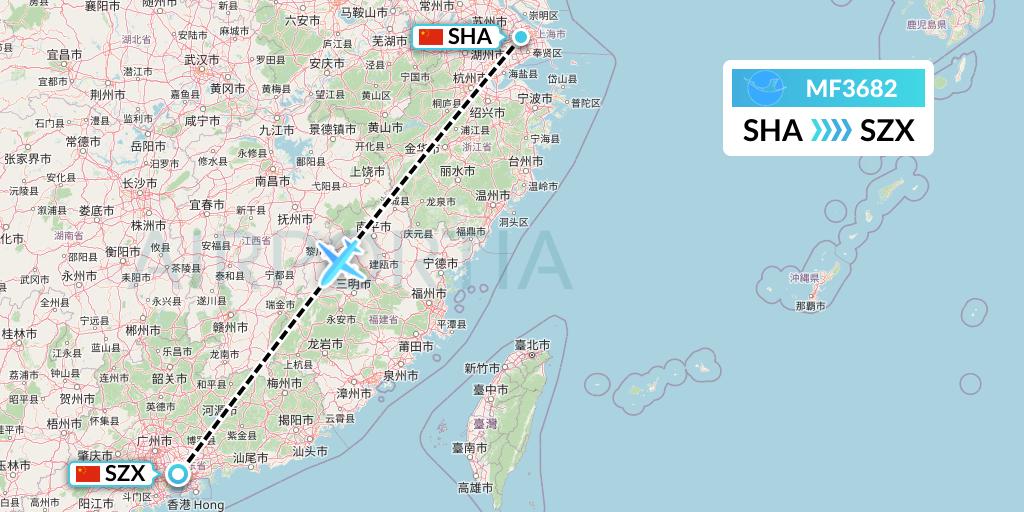 MF3682 Xiamen Airlines Flight Map: Shanghai to Shenzhen