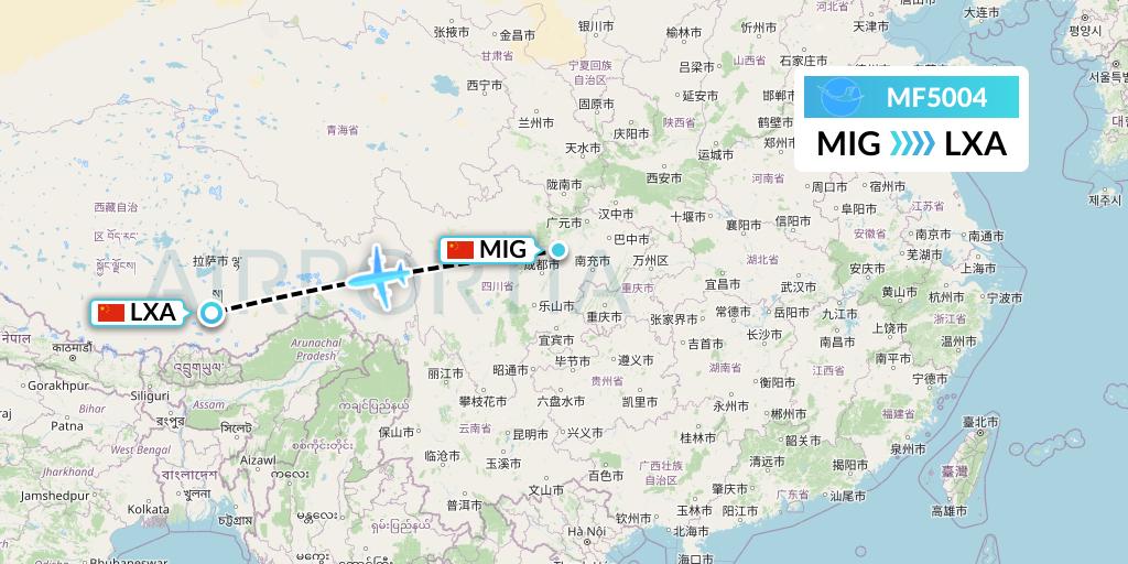 MF5004 Xiamen Airlines Flight Map: Mianyang to Lhasa