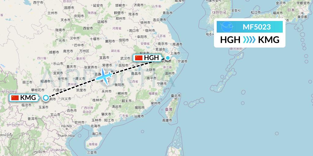 MF5023 Xiamen Airlines Flight Map: Hangzhou to Kunming