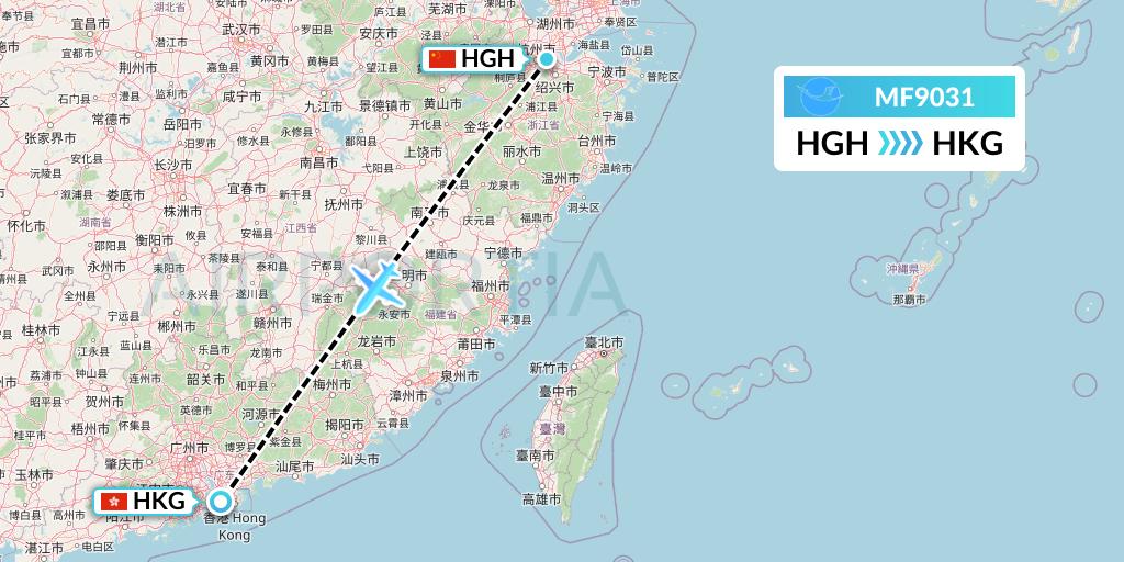 MF9031 Xiamen Airlines Flight Map: Hangzhou to Hong Kong