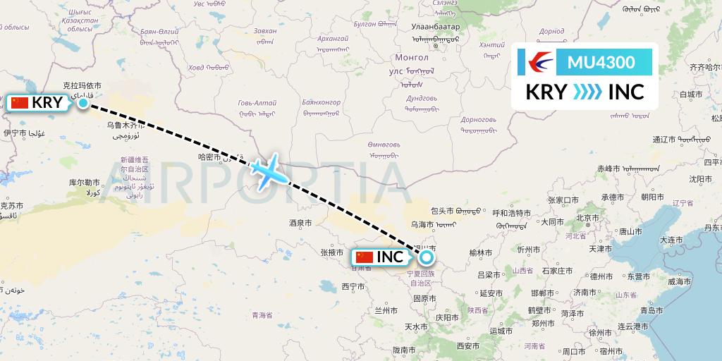 MU4300 China Eastern Airlines Flight Map: Karamay to Yinchuan