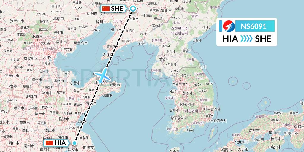 NS6091 Hebei Airlines Flight Map: Huai'an to Shenyang