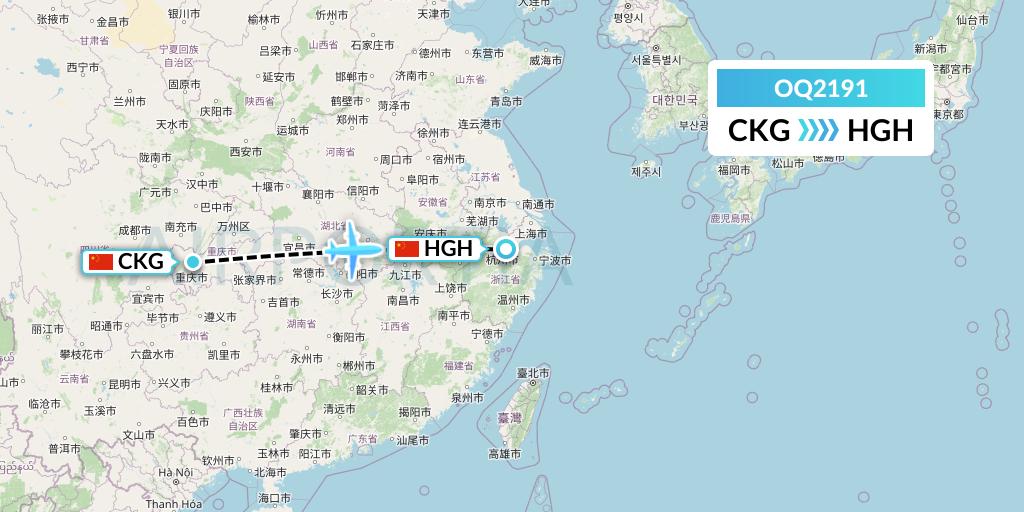 OQ2191 Chongqing Airlines Flight Map: Chongqing to Hangzhou