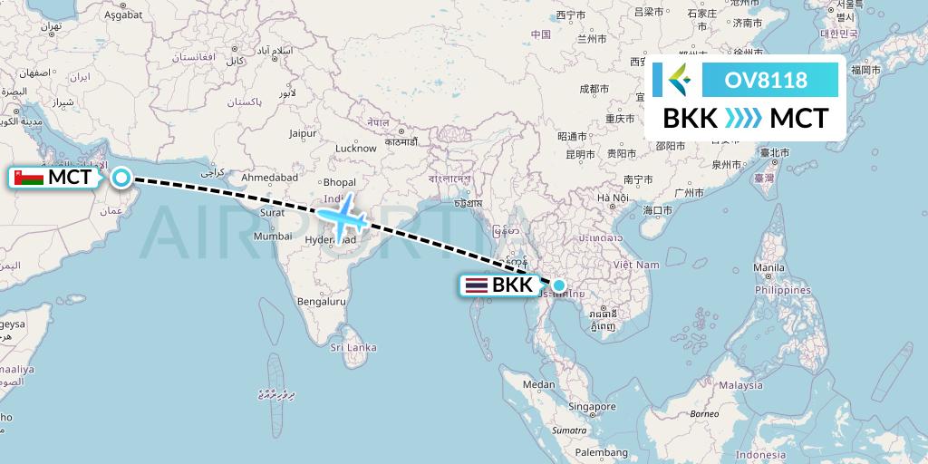 OV8118 SalamAir Flight Map: Bangkok to Muscat