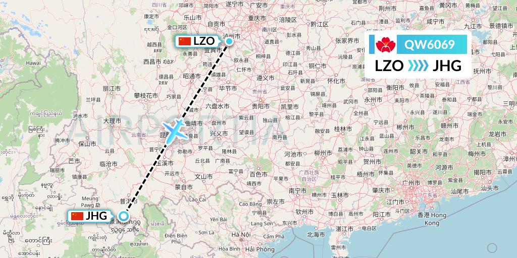 QW6069 Qingdao Airlines Flight Map: Luzhou to Jinghong