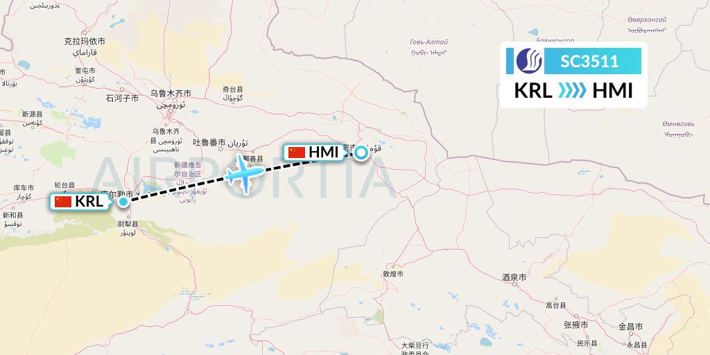 SC3511 Shandong Airlines Flight Map: Korla to Hami City