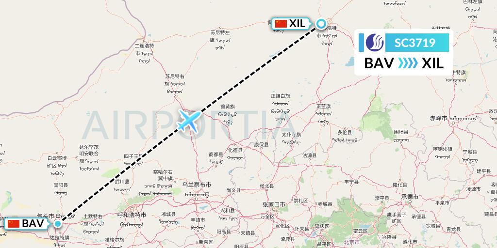 SC3719 Shandong Airlines Flight Map: Baotou to Xilinhot