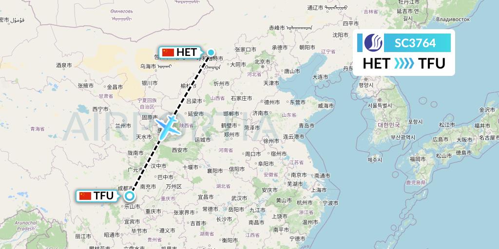 SC3764 Shandong Airlines Flight Map: Hohhot to Chengdu
