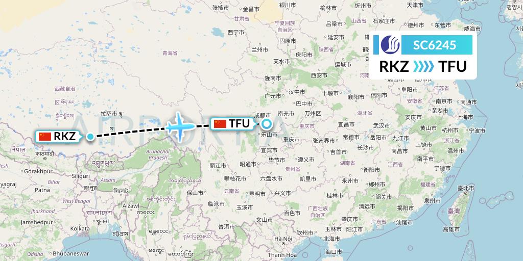 SC6245 Shandong Airlines Flight Map: Shigatse to Chengdu